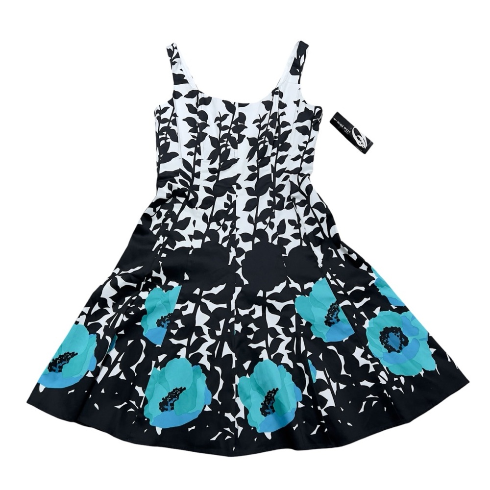 NWT $128 NINE WEST Fit & Flare Dress Floral Print Black & Aqua Combo Size 8